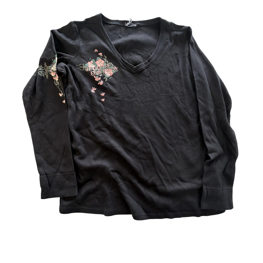 Harley-Davidson Shirt Womens Large Black Floral V-Neck Long Sleeve Graphic Biker